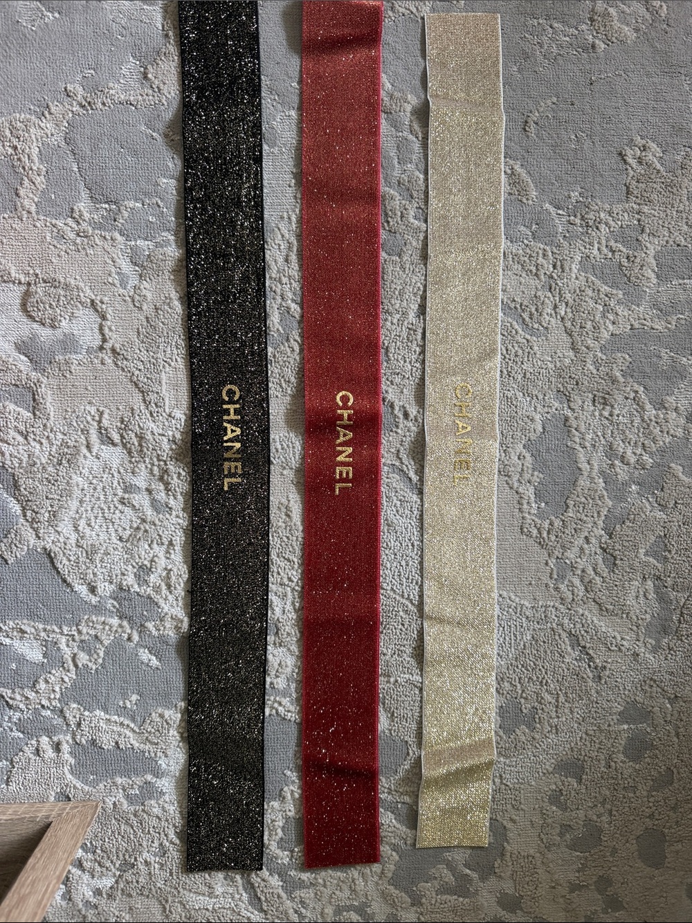 CHANEL Sparkle Velvet Hair Ribbons in Black, Red, Gold
